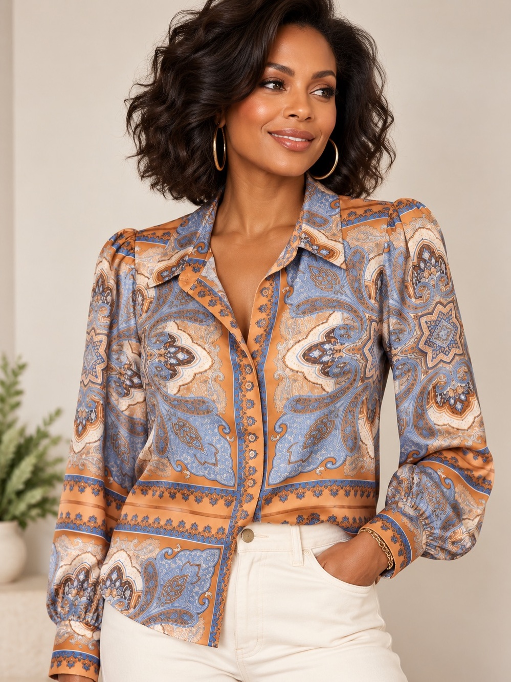 Joie Paisley Blouse L Blue Camel Boho Button Front Stretch